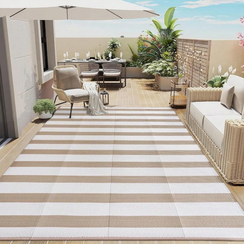 

Уличный водонепроницаемый ковер для патио 5x8, 6x9, 8x10, 9x12, из пластиковой соломки, двусторонний, легкий, уличный, бежевый в полоску, большой, для улицы