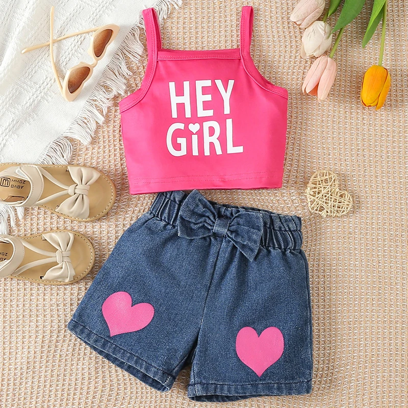 2Piece Summer Toddler Girl Set Outfit Korean Fashion Letter Sleeveless Cotton Baby Tops+Denim Shorts Kids Boutique Clothes BC519