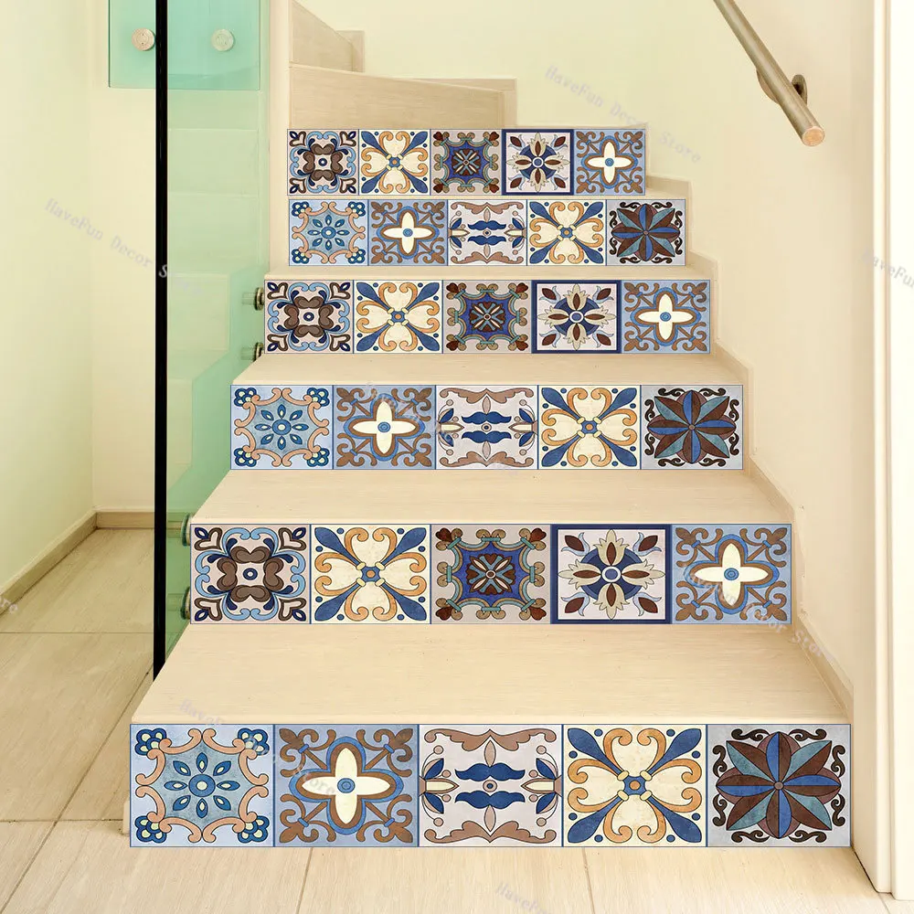 

Geometric Pattern Flower Brick Staircase Sticker Waterproof Anti Slip Floor Sticker PVC Home Renovation staircase Sticker