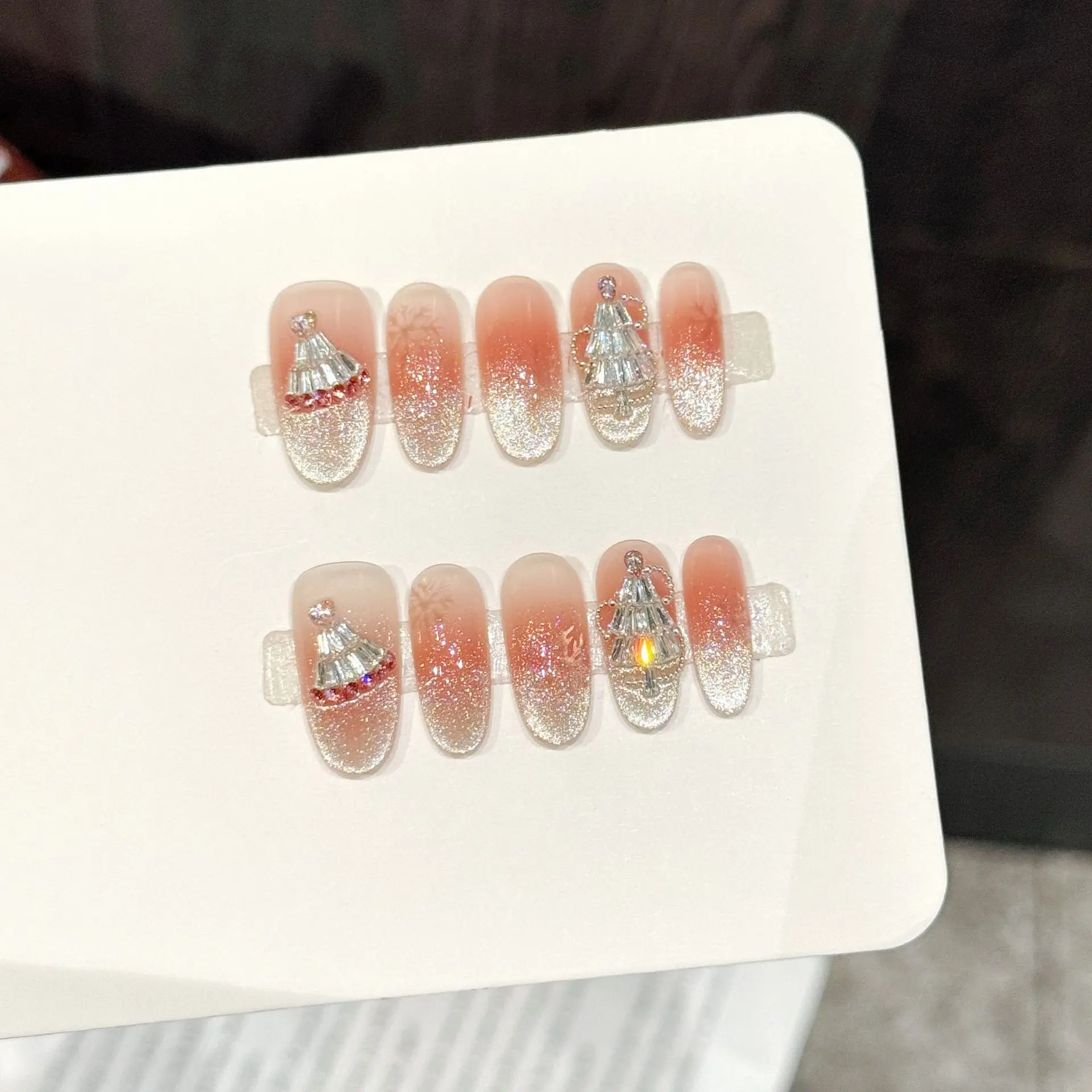 

10 PCS Luxury Handmade Press on Nails Middle Oval Pink orange gradient Design with 3-PIECE Tool Adhesive Nail Glue Tabs