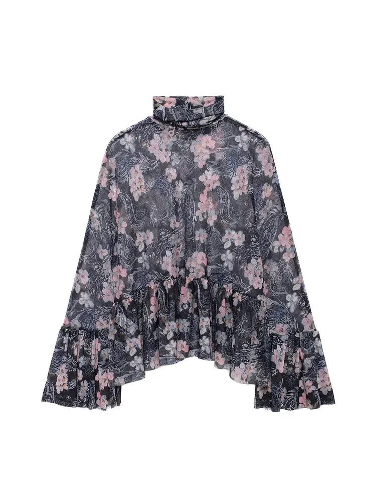 TRAF 2024 Autumn Tulle Print Blouse Women Flower Elegant Shirts for Women Long Sleeve Translucent Shirts Blouses Woman Tops