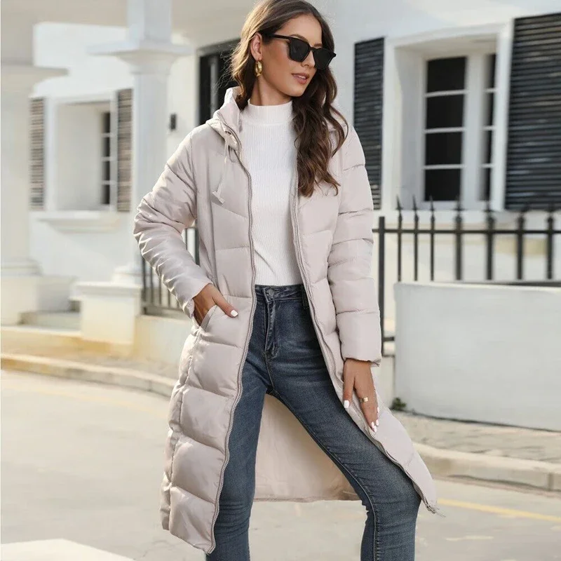 Women\'s Winter Long Parka Solid Color Thick Warm Hooded Cotton-padded Jacket Fashion Street Long Down Cotton-padded Jacket