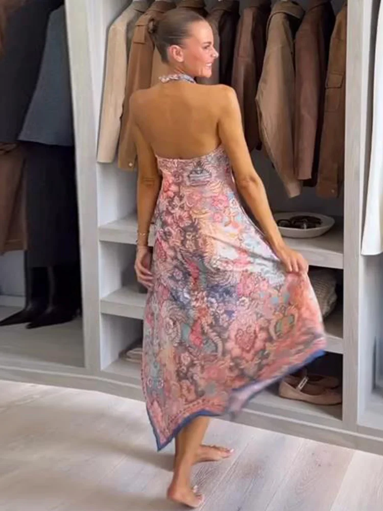Damen-Abendkleider mit Neckholder, bedruckt, tailliert, unregelmäßiger Saum, langes Kleid, charmantes, ärmelloses, rückenfreies, schmales Kleid für Damen – Detail 13