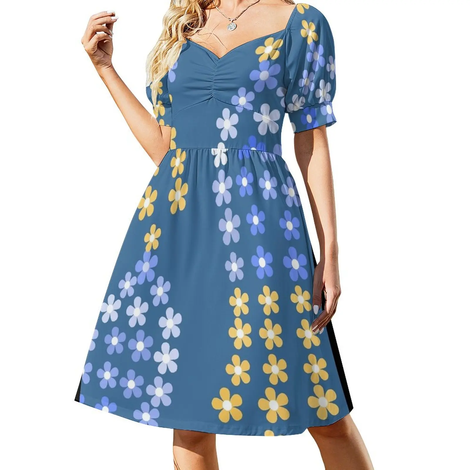 Yellow-Blue Flower Top T-Shirt Short-Sleeved Dress birthday dress woman dress long women prom