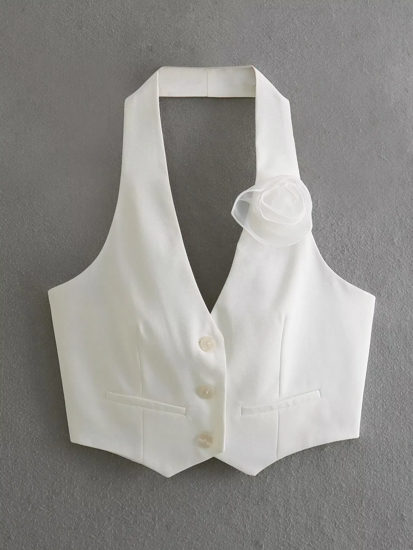 سترة طويلة الصدر واحدة للنساء ، سترة بيضاء الرسن للسيدات ، قمم المحاصيل بلا أكمام ، تصميم زهرة عصرية ، CT4438 #1