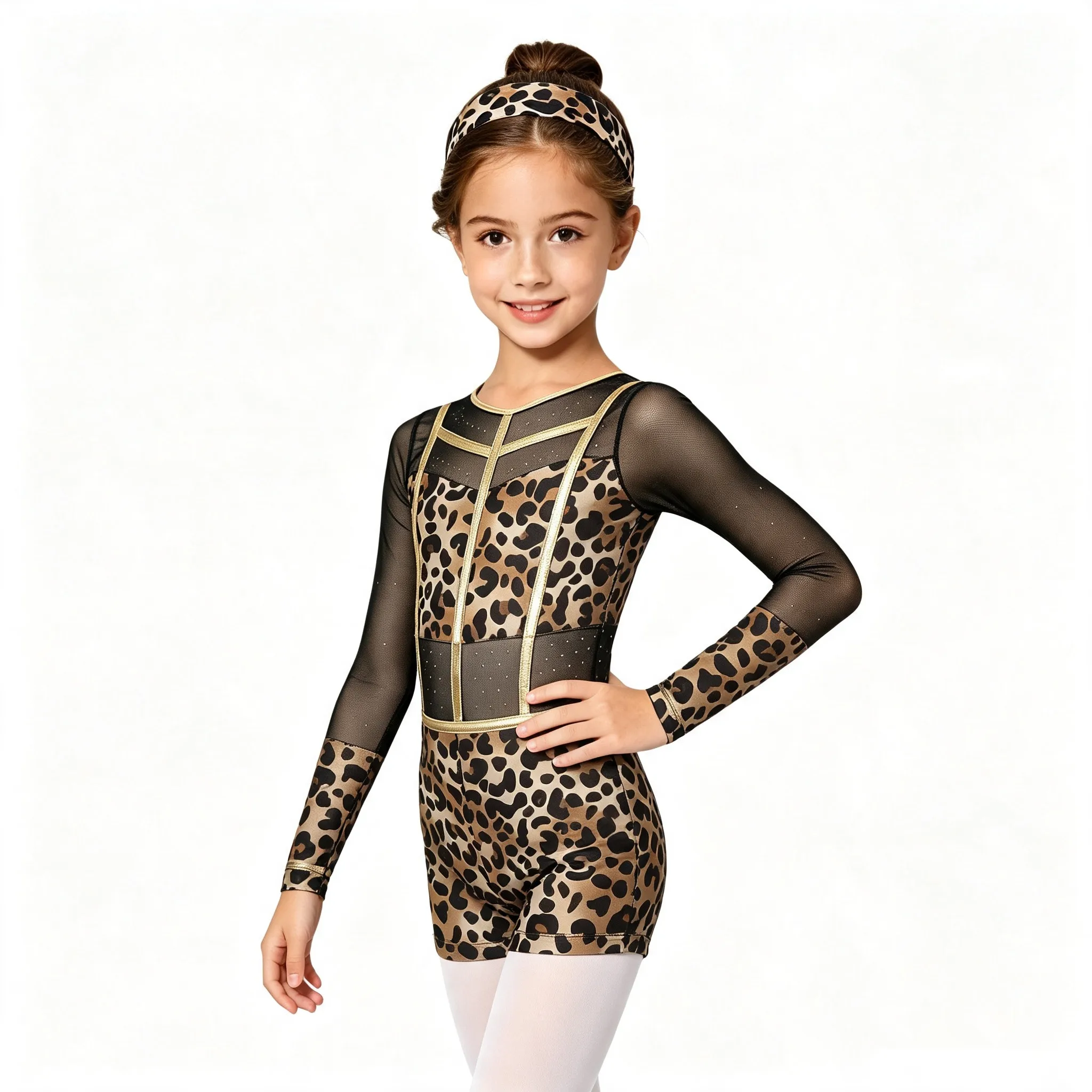 6-16Y Girls Leopard Print Caveman Ballet Dance Gymnastics Bodysuit with Headband Halloween Primitive Man Tribe Dress Up Costume