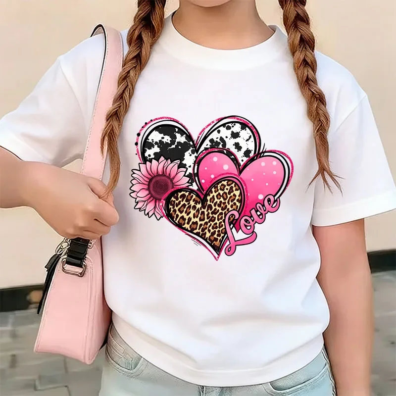 Love Heart Print T-shirts for Girls Summer Children Casual Fashion Funny Cute Colorful Comfortable Tops O-Neck Short Sleeve Tees
