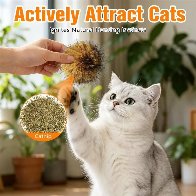 [NEW!A08R】 5Pcs Cat Faux Fur Ball, Washable & Fun To Chase Furry Catnip Ball For Indoor Cats For Exercise And Bonding