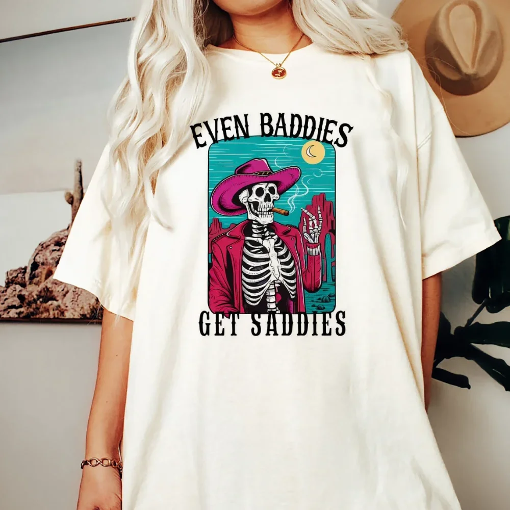 Retro Skeleton Even Baddies Get Saddies Printed Fashion Short Sleeve Round Neck Casual Women's Casual Round Neck Women's Top