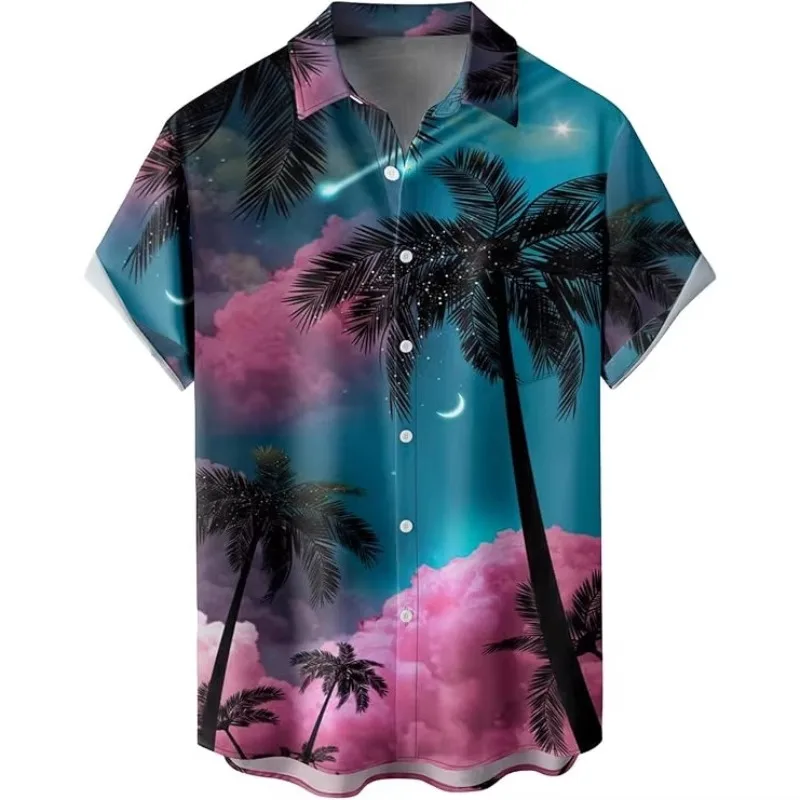 Hawaiian Resort Style Coconut Tree Print Men's Short Sleeve Shirt Casual New Shirt