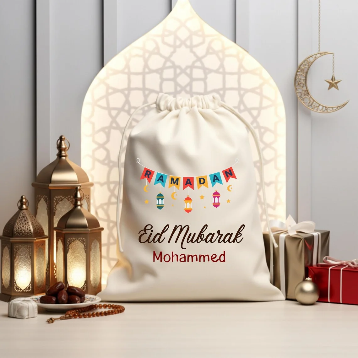 Personalisierte Ramadan-Mond-Geschenktasche Maßgefertigter Eid Mubarak Sack für Kinder Islamischer Feiertag Zugbeutel Iftar Geschenktasche für Muslime
