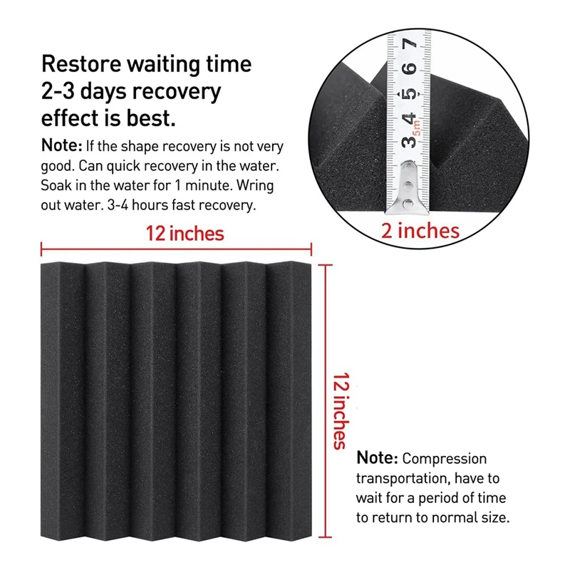 

12 упаковок акустических пенопластовых панелей Wedge 2 х 12 х 12 дюймов, звукоизоляционная пена с шумоподавлением для домашнего офиса Recoding-ABWY