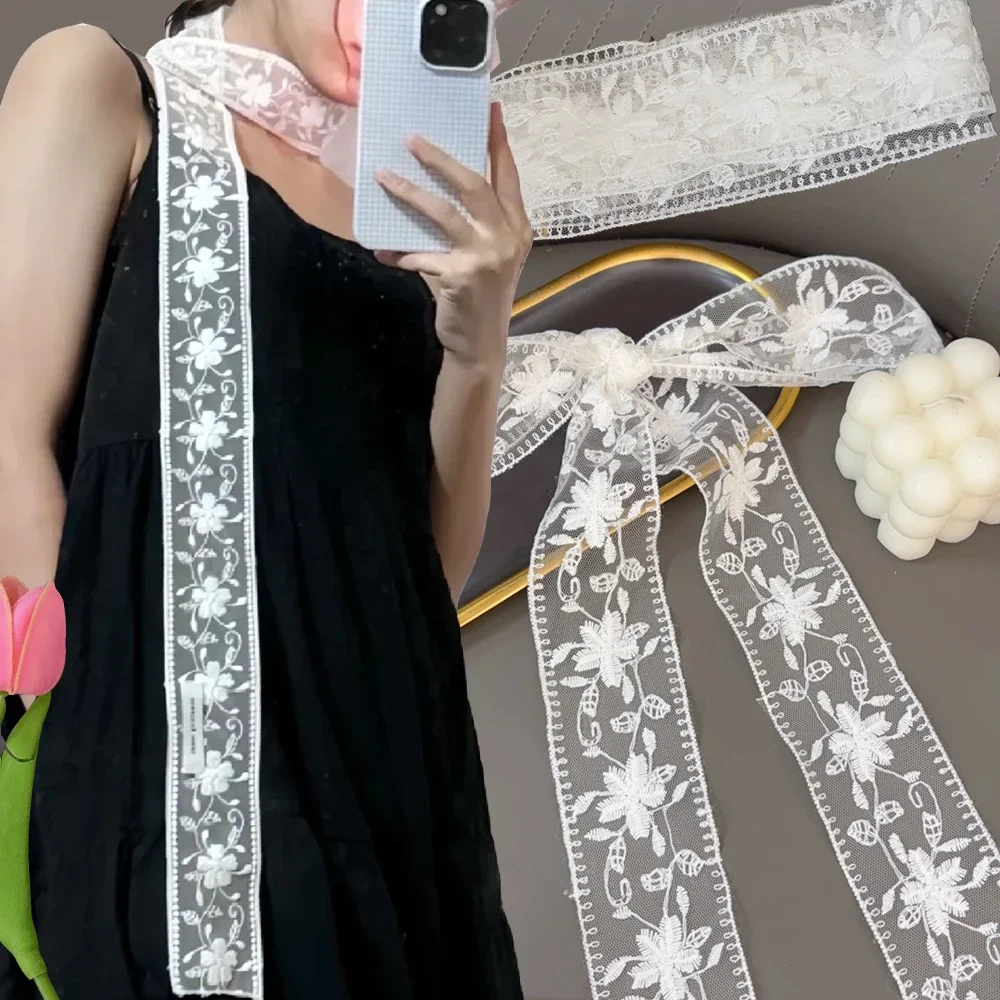 

Retro Narrow Long Lace Scarf 180cm Y2k Long Elegant Headwear for Women Girl Fashion Solid Color Flower Lace Silk Scarves Korean