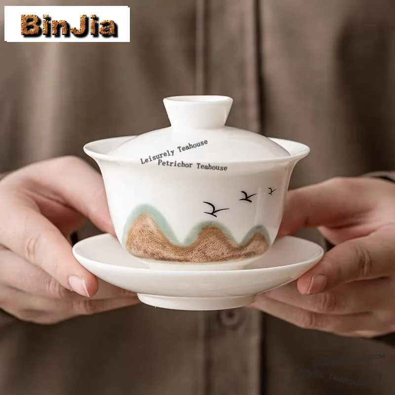 150ml Sheep Fat Jade Porcelain Gaiwan Distant Hill Sancai Anti Scald Lid Bowl Tea Bowl With Saucer Lid Kit Respectful Teaware