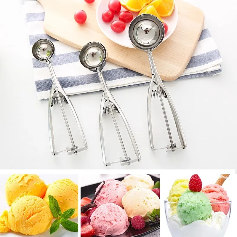 

Ice Cream Spoon Kitchen Tools 3 Size Stainless Steel Spring Handle Mash Potato Watermelon Ball Scoop Home Kitchen Accessories