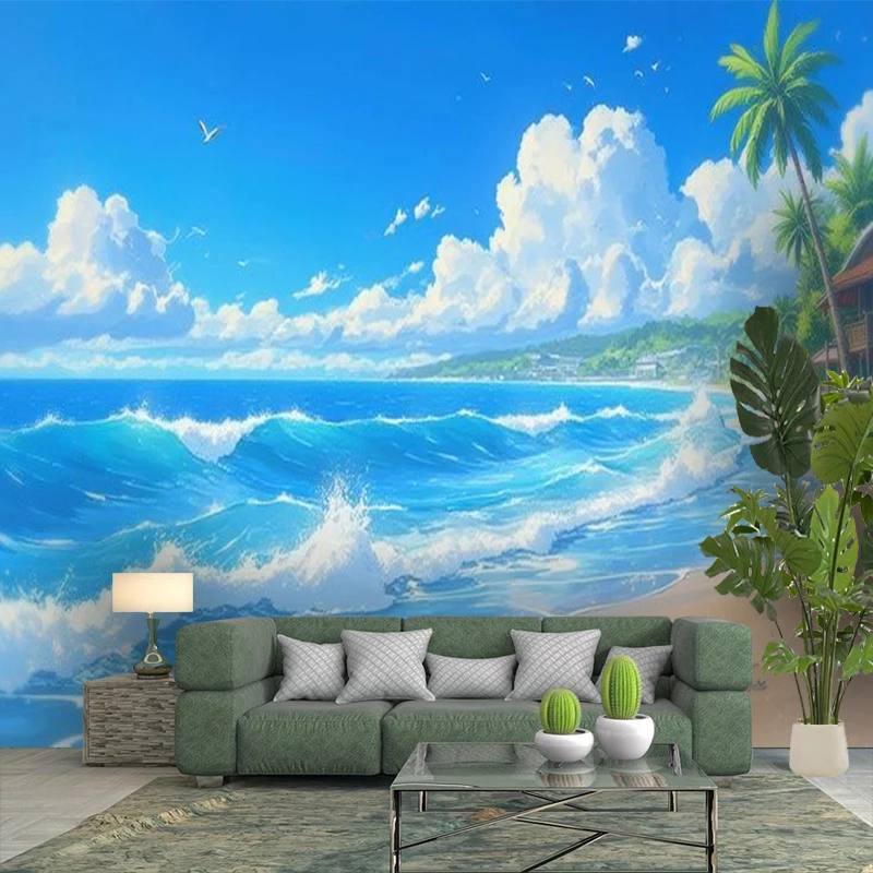 1PC Beach Ocean Wave Anime View Print Backdrop Banner, Bedroom Living Room Photo Background, Polyester, Home Decor, Wall Art