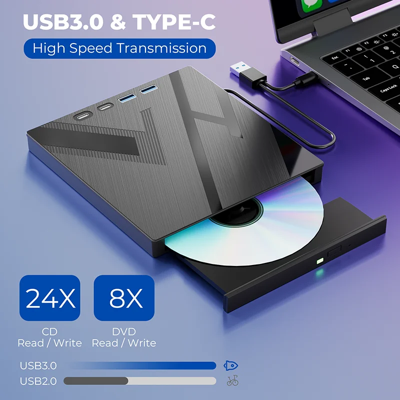 7-in-1 Portable CD/DVD Drive External Optical Drive for Laptop PC CD/DVD RW Player Burner with USB3.0 Type-C SD TF Card Slots