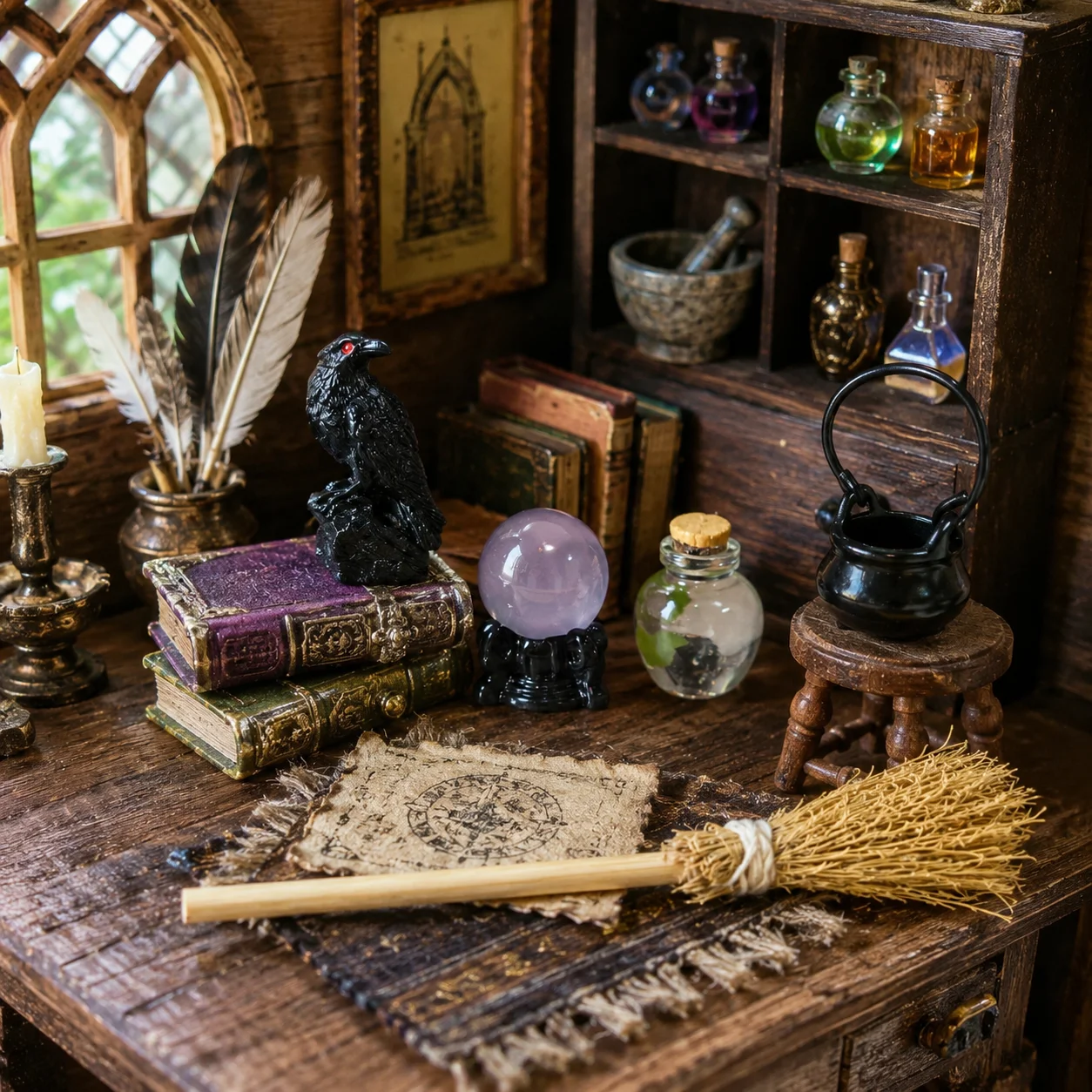 5pcs/1set Miniature Crow Broom Set,Dollhouse Bedroom Living Room Study Decorative Display, Collectible for Miniature Enthusiasts