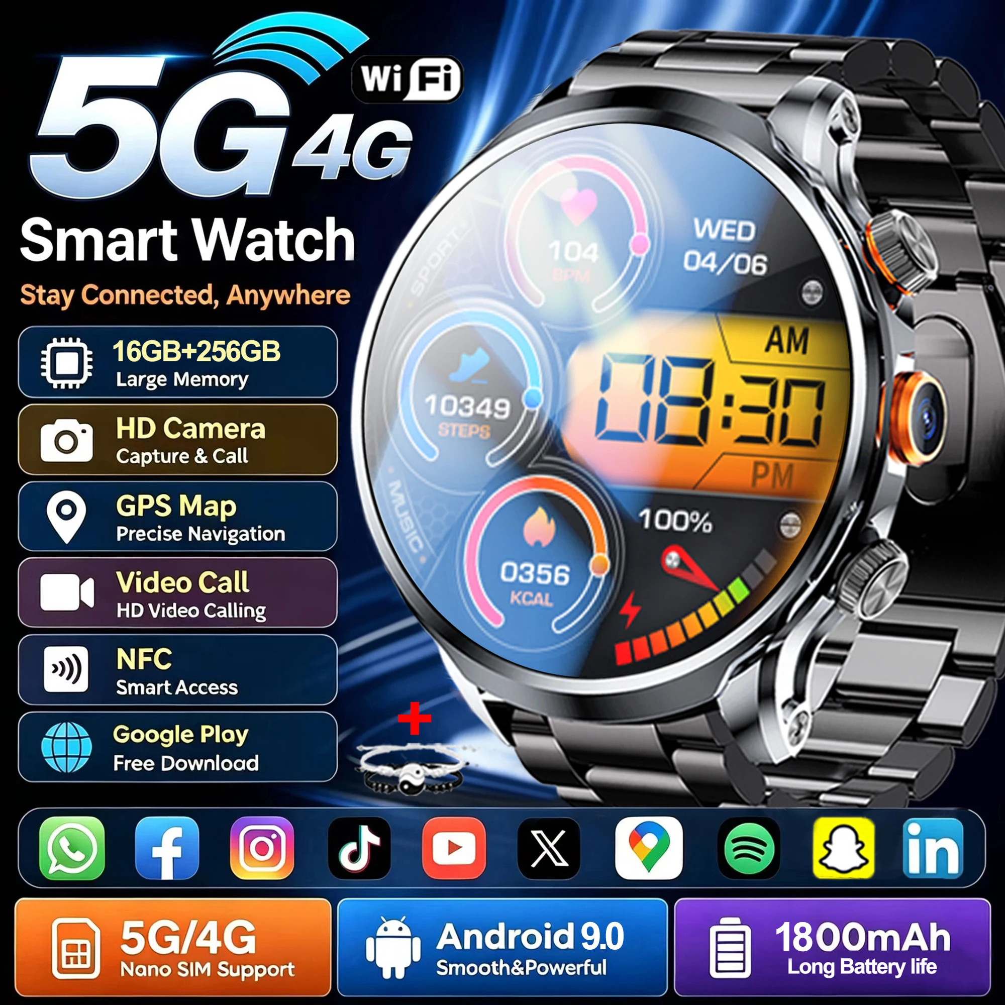 4G Full Netcom Smart Watch 1.95 inch 680*680 AMOLED 1880mah Battery HD Camera Video Call GPS WIFI Google APP Download Smartwatch