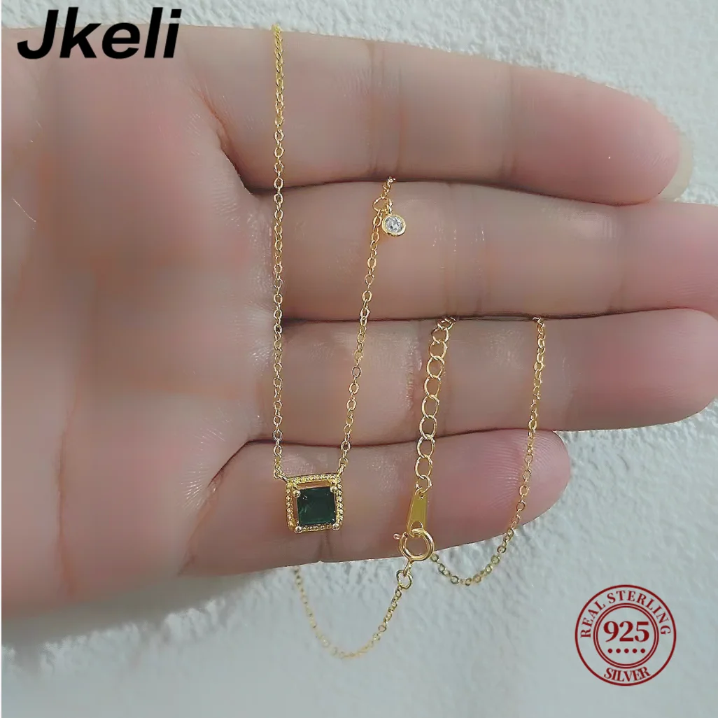 Jkeli S925 Sterling Silver Necklace for Women Minimalist Clavicle Chain Green Pendant Fashin Fine Jewelry Wedding Party Gifts