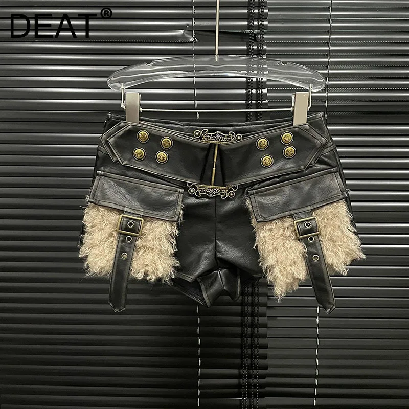 DEAT Women's Fashion Rivet Black Button Shorts For Women High Waist Belt Pockets Mini Pants Female 2024 Winter New Item 11A01998