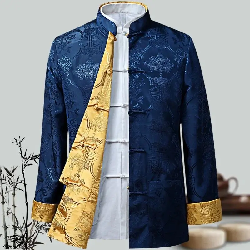 Men's Chinese Dragon Kung Fu Coat New Year Tang S V-neck Seven Sleeve Long Jacket for Elderly Other Material 100%