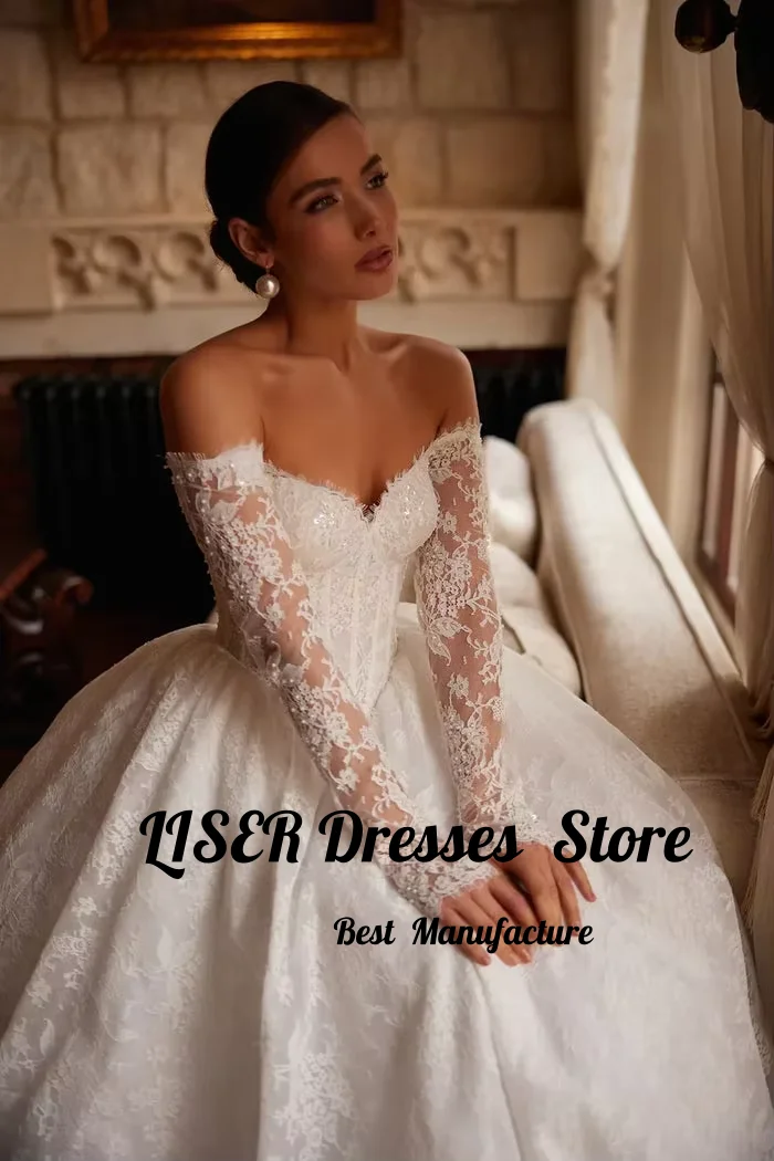 Liser Luxury Sweetheart Off Shoulder Wedding Dress A-line Lace Princess Ball Dress Detachable Sleeves Bride Dress Customized
