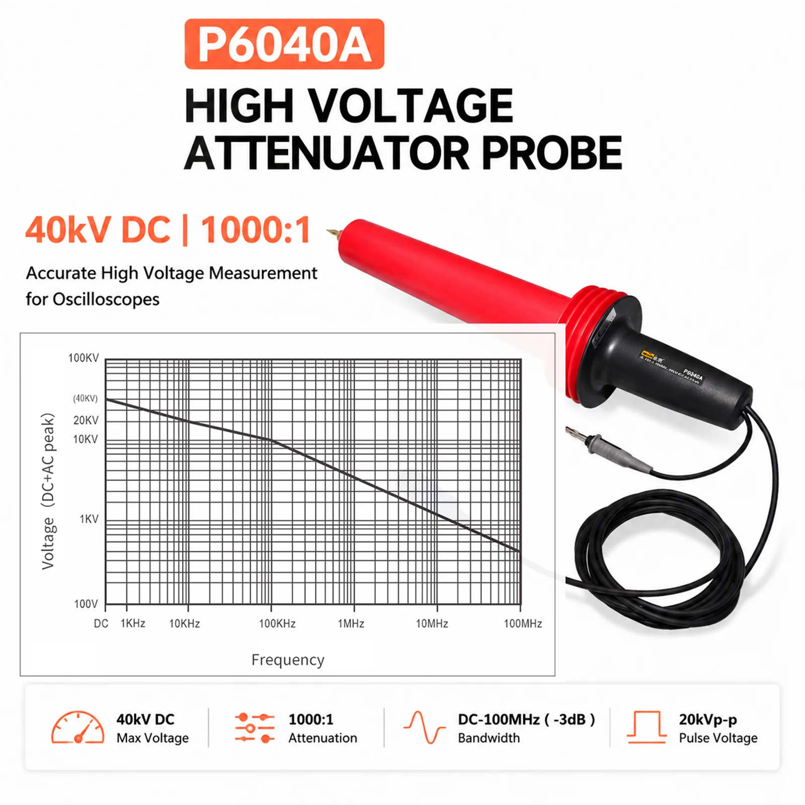 PINTECH 100MHz Oscilloscope Probe 1000:1 High Voltage Probe 40kV DC, Pulse Voltage 20kVp-p, 28kV AC, with BNC Connector, P6040A