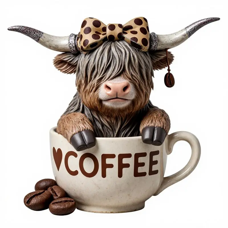 1pc Car Vinyl Decal - Whimsical Highland Cow Figurine in Coffee Cup, Realistic Coffee Beans, Bold 'COFFEE' Print with Heart