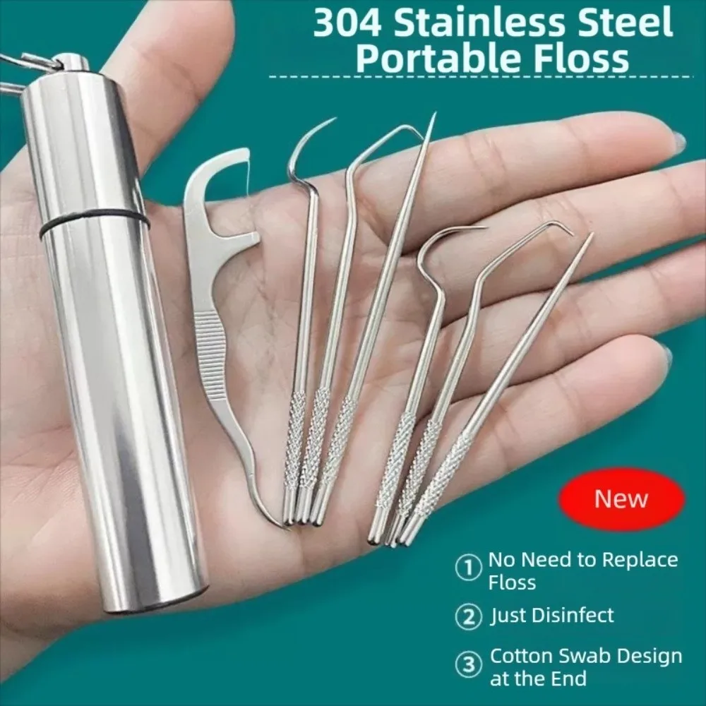 3/7pcs Stainless Steel Toothpicks Pocket Set with Storage Tube Tartar Removal Tool Fresh Breath Dental Flosser Reusable Durable
