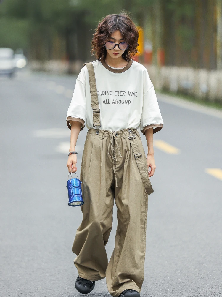 Japanese Retro Overalls Neutral Casual High Waist Loose Wide Legs Lantern Detachable Suspender Baggy Cargo Pants Women's Summer