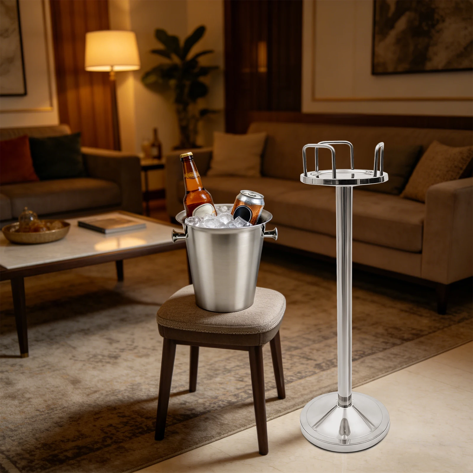Modern Ice Bucket with Stand – 5L Capacity, Rust-Resistant Polished Finish, Stable Floor Mount for Wine & Champagne, Space-Saving Party Cooler with Ergonomic Handles, Easy to Clean & Durable Beverage Chiller for Home, Bar, Restaurant, Outdoor Use