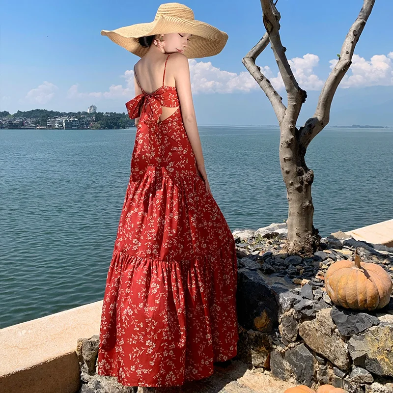 

Vacation Backless Beach Long Dress Women Summer Sleeveless Spaghetti Strap Print Flroal Vintage Dress Party Birthday Dresses