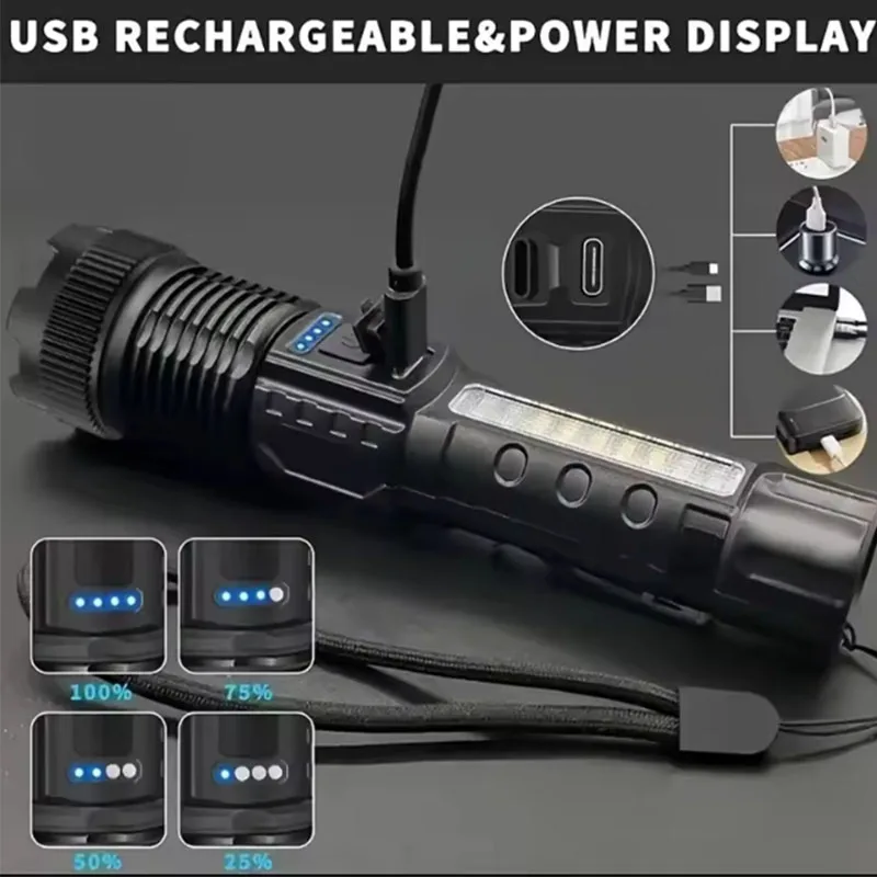 High Power Rechargeable LED Flashlight with Clip Ultra Strong Powerful Led Torch Light Built-in Battery Tactical Flashlight