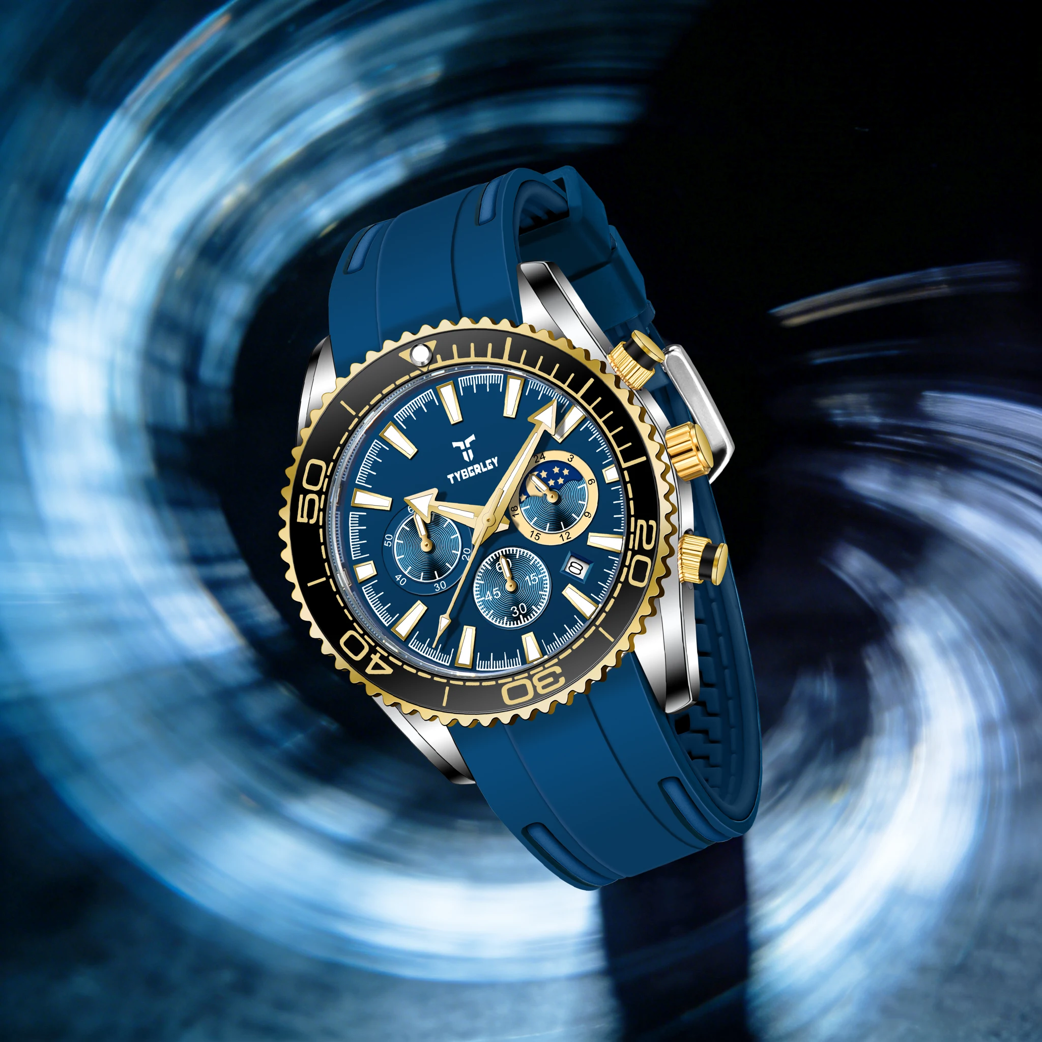 TYBERLEY Elegant Gentleman Men's Quartz Watch luxury Avant-Garde Rubber Hardlex 3Bar Diving Calendar Moon Phase Luminous Clock