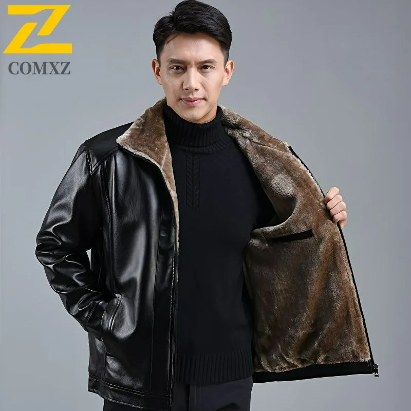 

COMXZ Premium Leather Jacket Fashion Outdoor Sports Windproof Warm Coat Classic Turndown Collar Fleece Lined Comfort Outerwear​