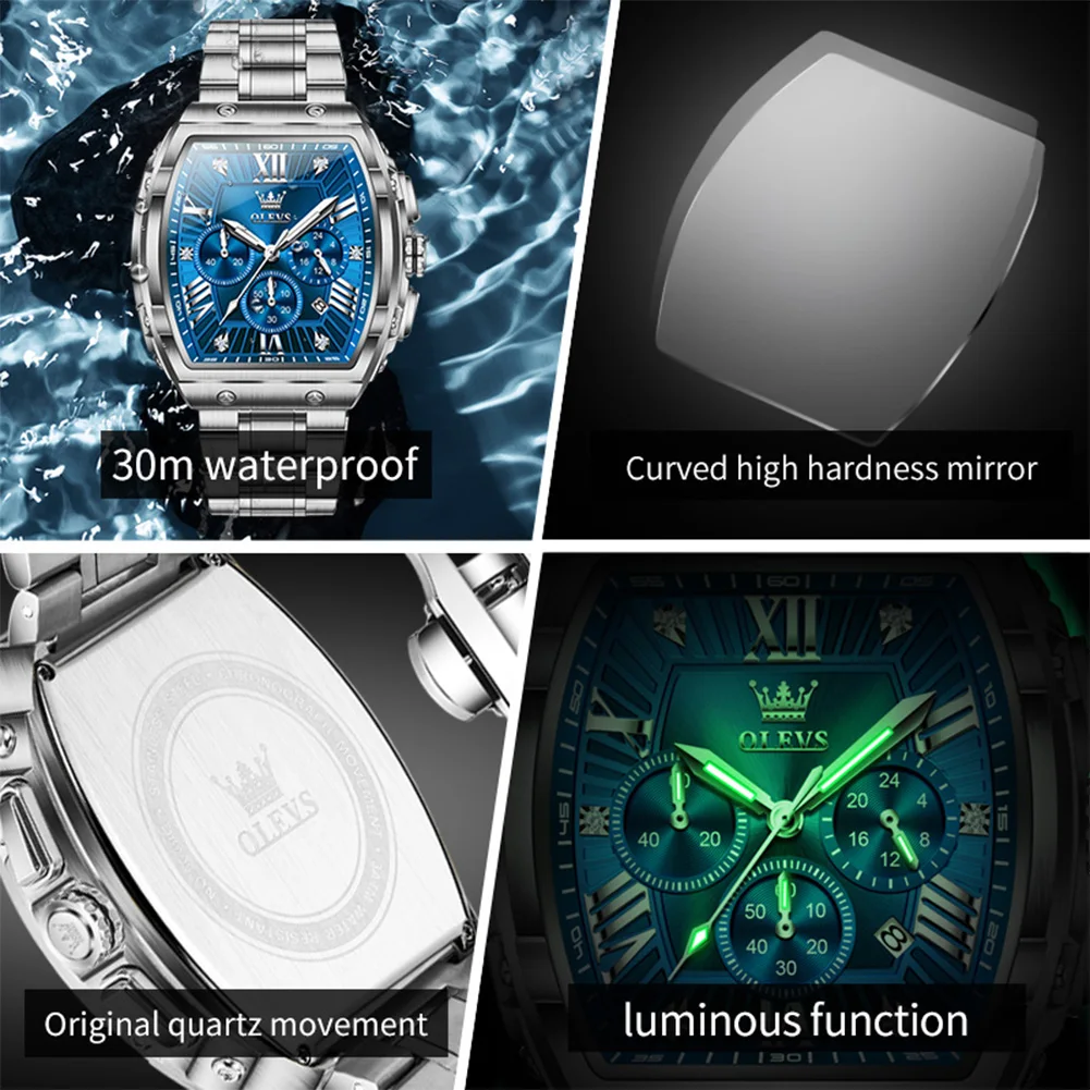 OLEVS New Design Tonneau Watch Men Luminous Waterproof Date Stainless Steel Chronograph Quartz Watches for Men Relogio Masculino