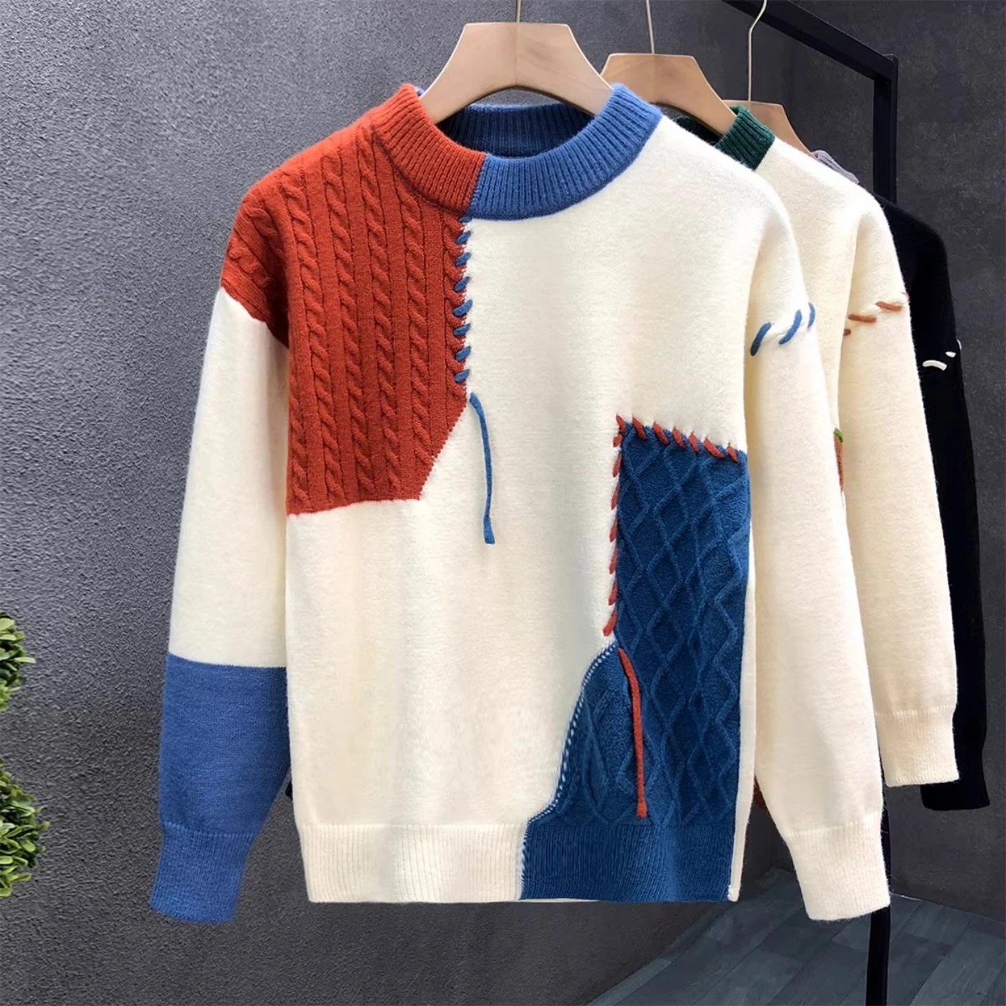 

Мужской вязаный свитер с контрастными цветами, повседневный, свободного кроя, теплый зимний пуловер с длинными рукавами и круглым вырезом, удобная трикотажная одежда