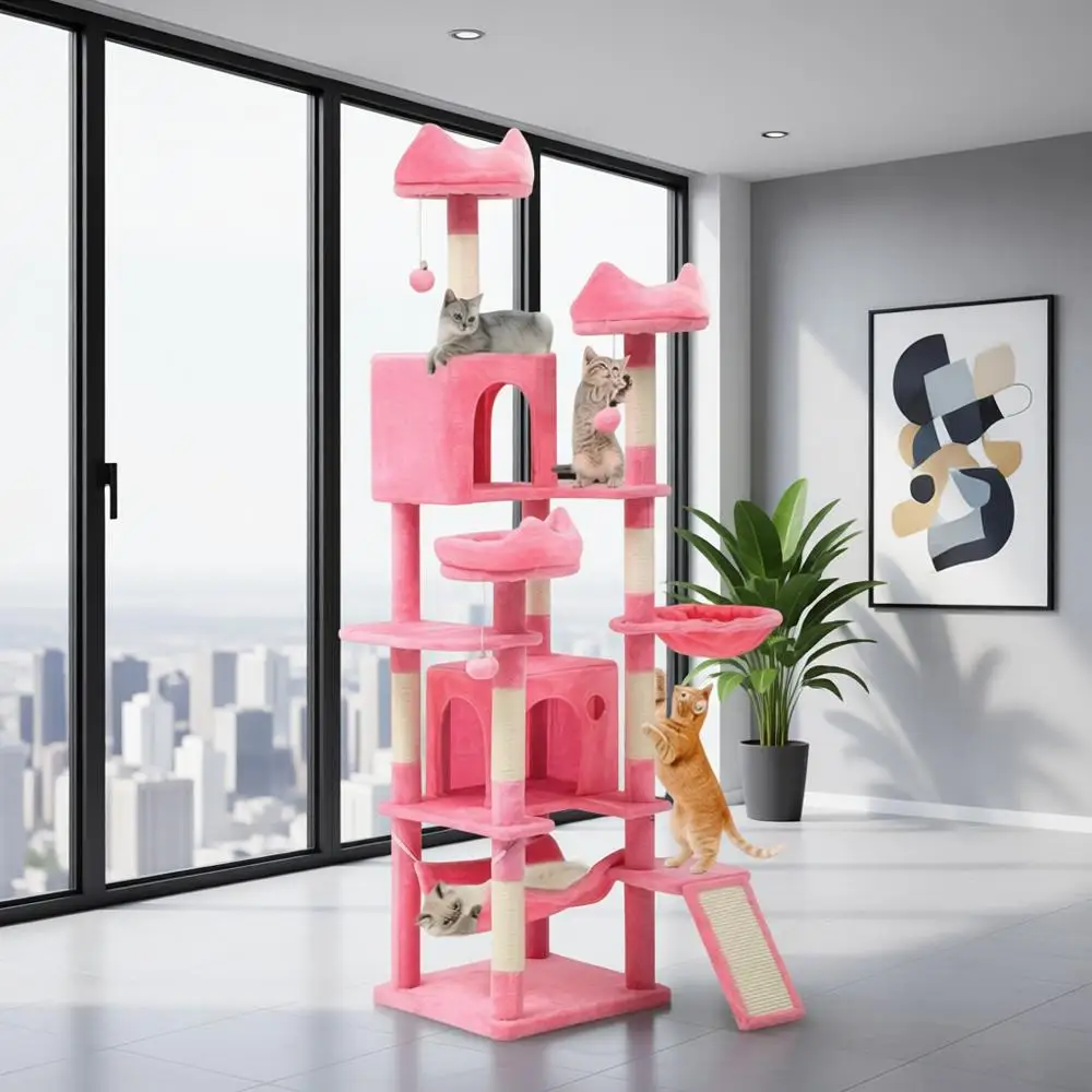 

75 Pink Indoor Cat Tower with Multiple Levels, Perches, Sisal Ramp, Scratching Posts, and Cozy Hammocks