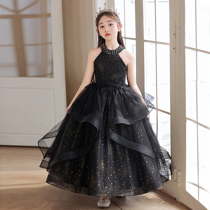 Flower Girl Wedding Party Dresses New 2025 Black Girls Summer Dress Long Birthday Sleeveless Tutu Performance Gowns Customized