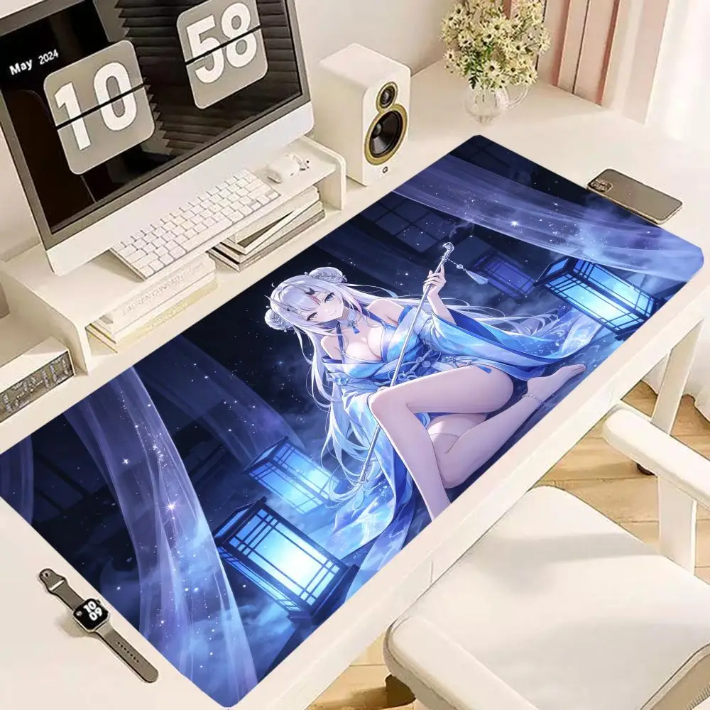 Red candle gaming mouse mat long red fox girl kimono lantern candle scene thick natural rubber anti slip oversized mat