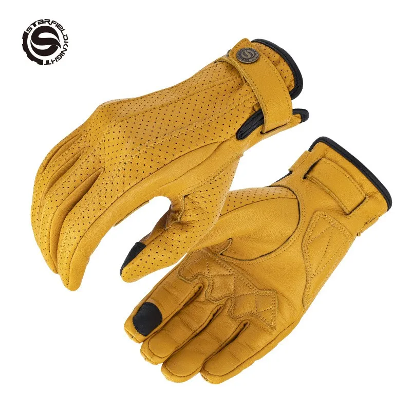 Summer Motorcycle Gloves Men Women Goatskin Leather Perforated Breathable Touchscreen Full Finger Retro Outdoor Riding Gloves