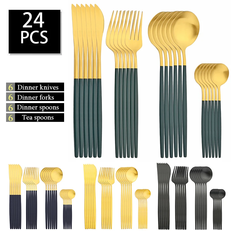 

24Pcs Cutlery Sets Stainless Steel Tableware Knife Fork Spoon Teaspoon Matte Silverware Kitchen Dinnerware Set