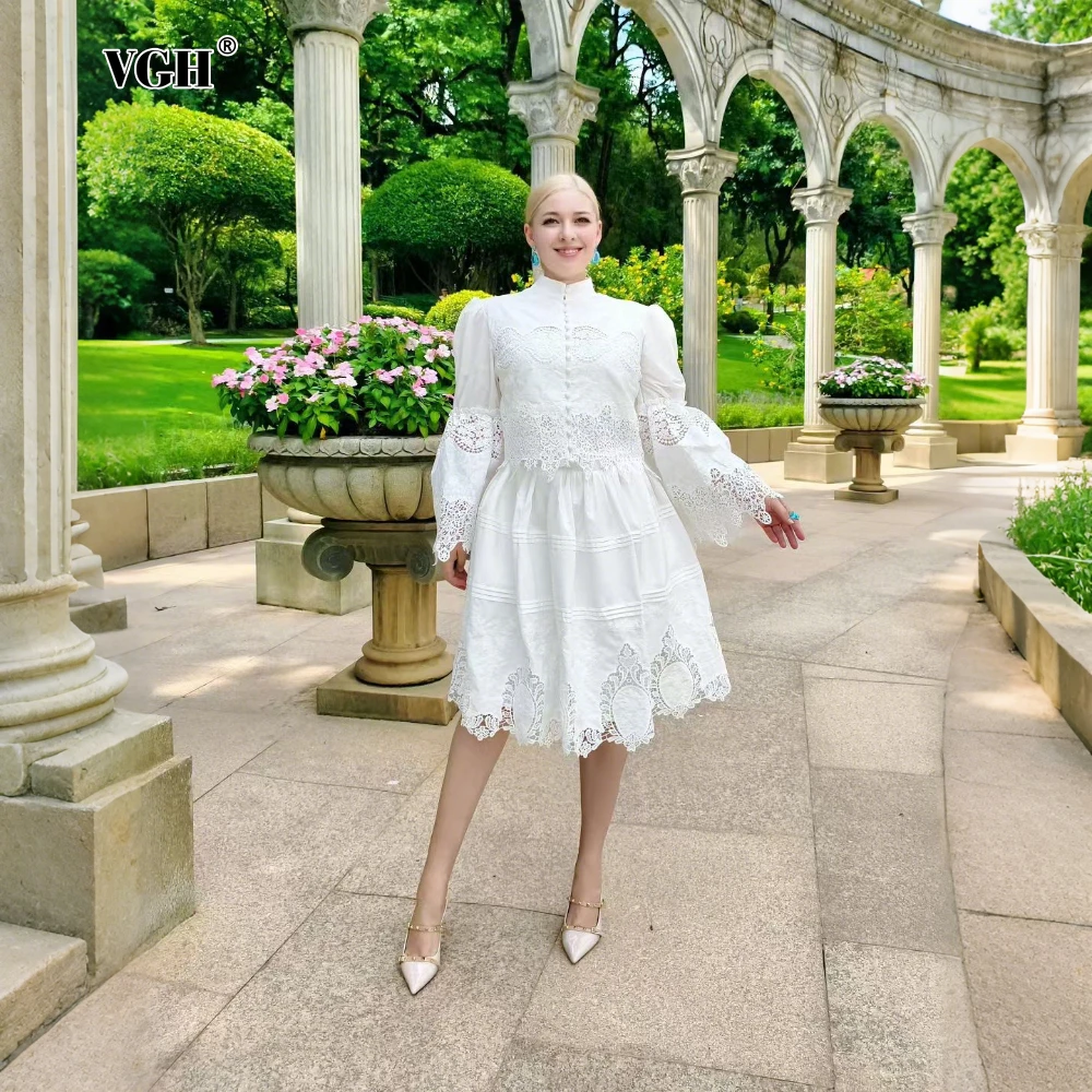 

VGH Elegant Spliced Lace Two Piece Set for Women Stand Collar Flare Sleeve Top High Waist Knee Length Skirt Solid Suit Female