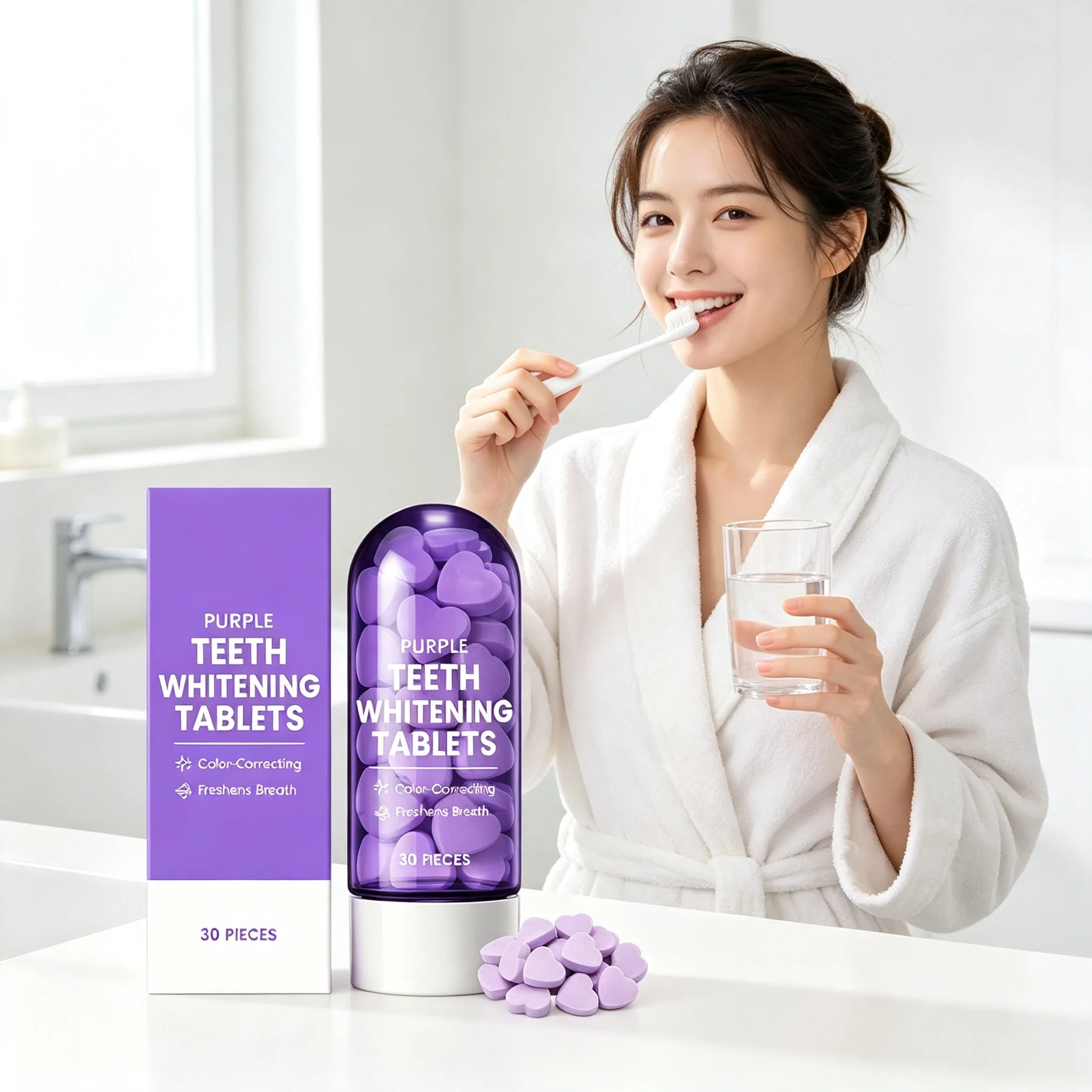 Purple Teeth Whitening Tablets, Solid Chewable Dental Tablets, Remove Surface Stains, Brighten Teeth, Freshen Breath