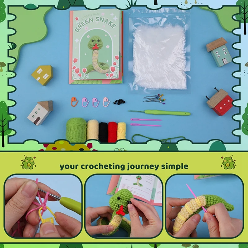 Crochet Kit DIY Snake Crochet Kit With Knitting Yarn Needles Plush Doll Easy(Green)