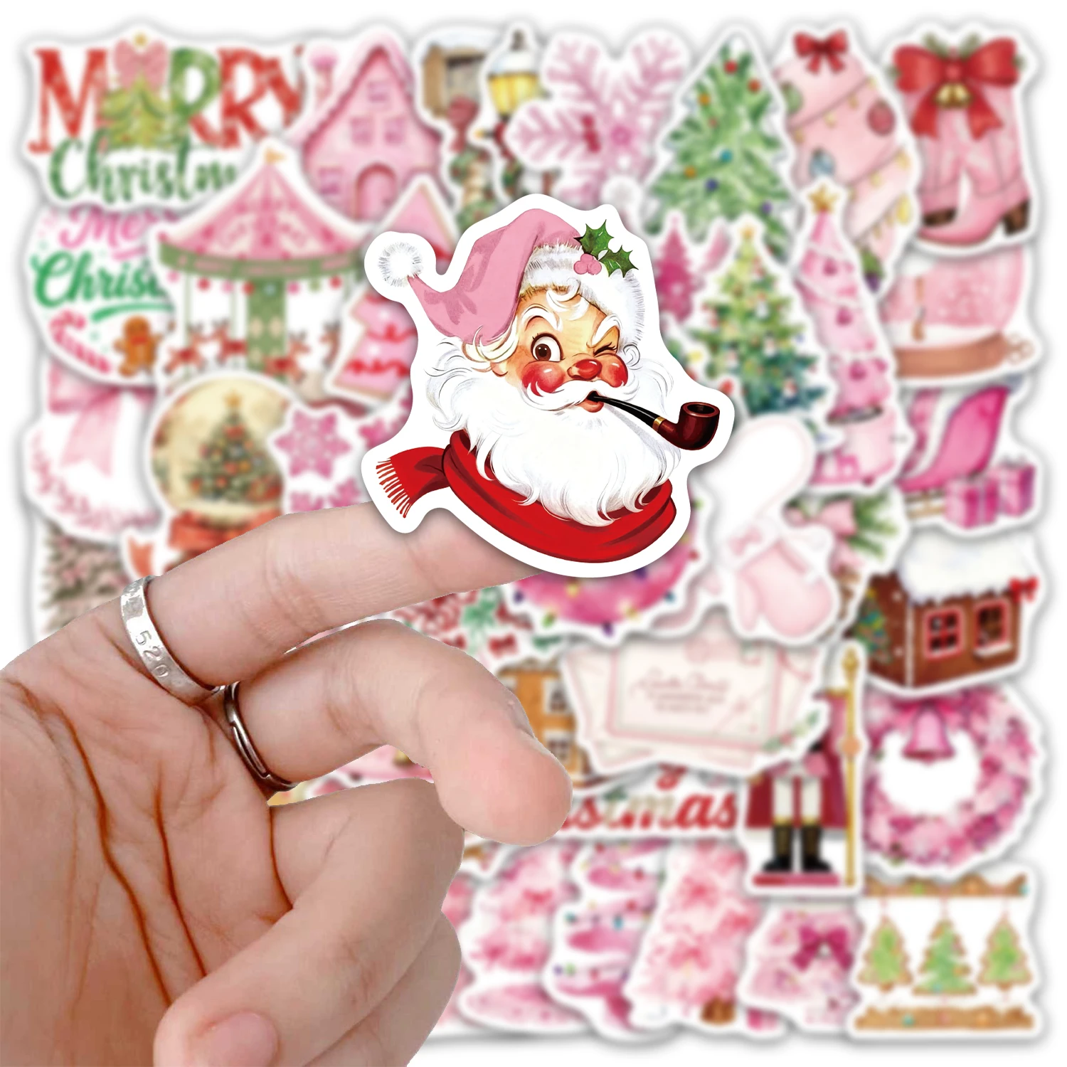 สติกเกอร์คริสต์มาสสีชมพู 50 ชิ้น สำหรับตกแต่งเคสมือถือ แล็ปท็อป กระติกน้ำร้อน ของเล่น