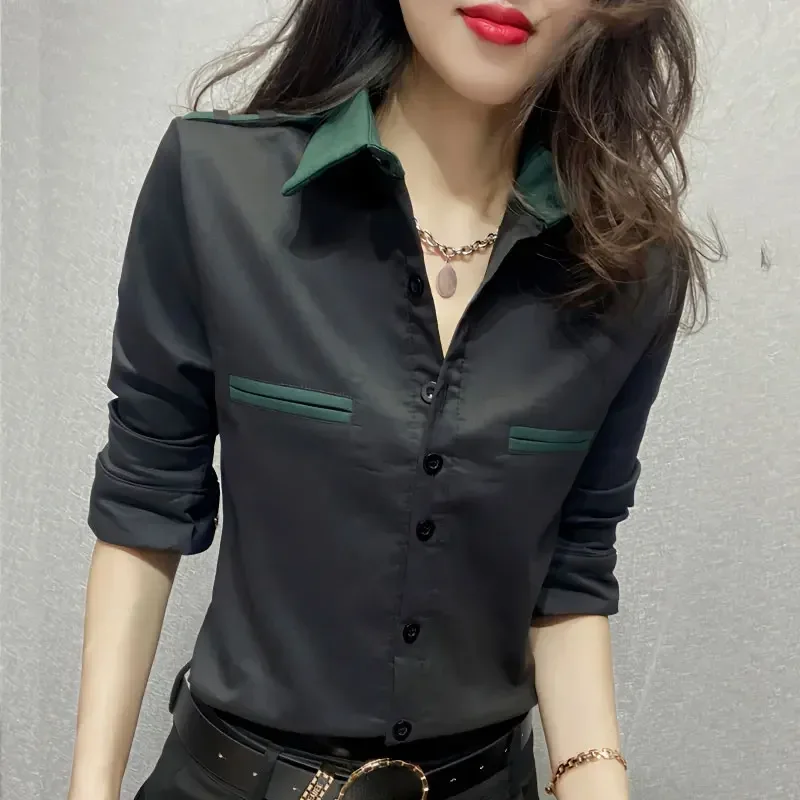 Camisa de Ropa de Trabajo de Color sólido para mujer de oficina primavera otoño ropa femenina de manga larga bolsillos empalmados elegante blusa de un solo pecho