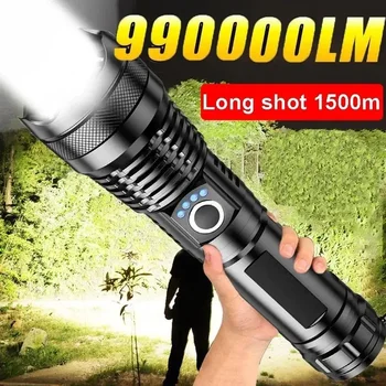 가장 강력한 LED 손전등, 18650 충전식 USB 토치 라이트, 고출력 장거리 전술 랜턴, XHP50