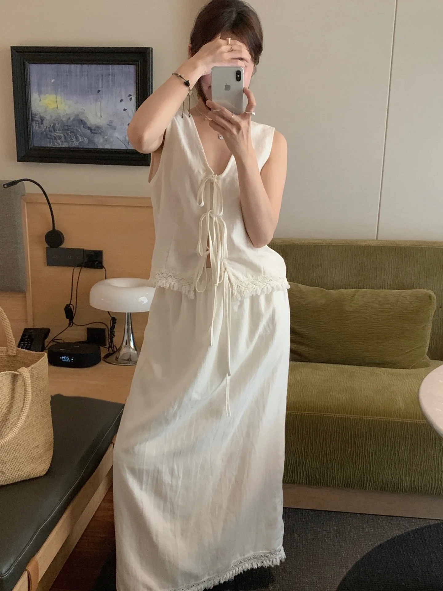 

Knot Vest Women's Summer New Korean Style Splicing Frayed Half Skirt Set Soft Anti-Aging Series Comfortable Fit